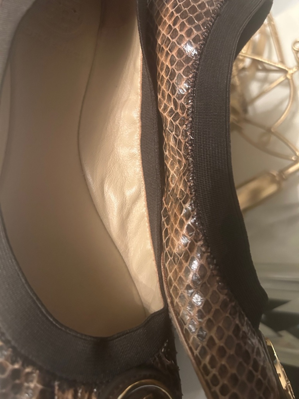 Tory Burch Brown Snake-Embossed Logo Round-Toe Flats - Picture 8 of 11
